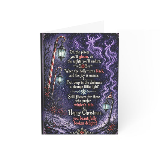 Gothic horror holiday greeting card, printed on premium matte paper cardstock. Available in various vertical stationery sizes including 5x7 and more. Perfect for alternative Christmas cards and seasonal gothic stationery.