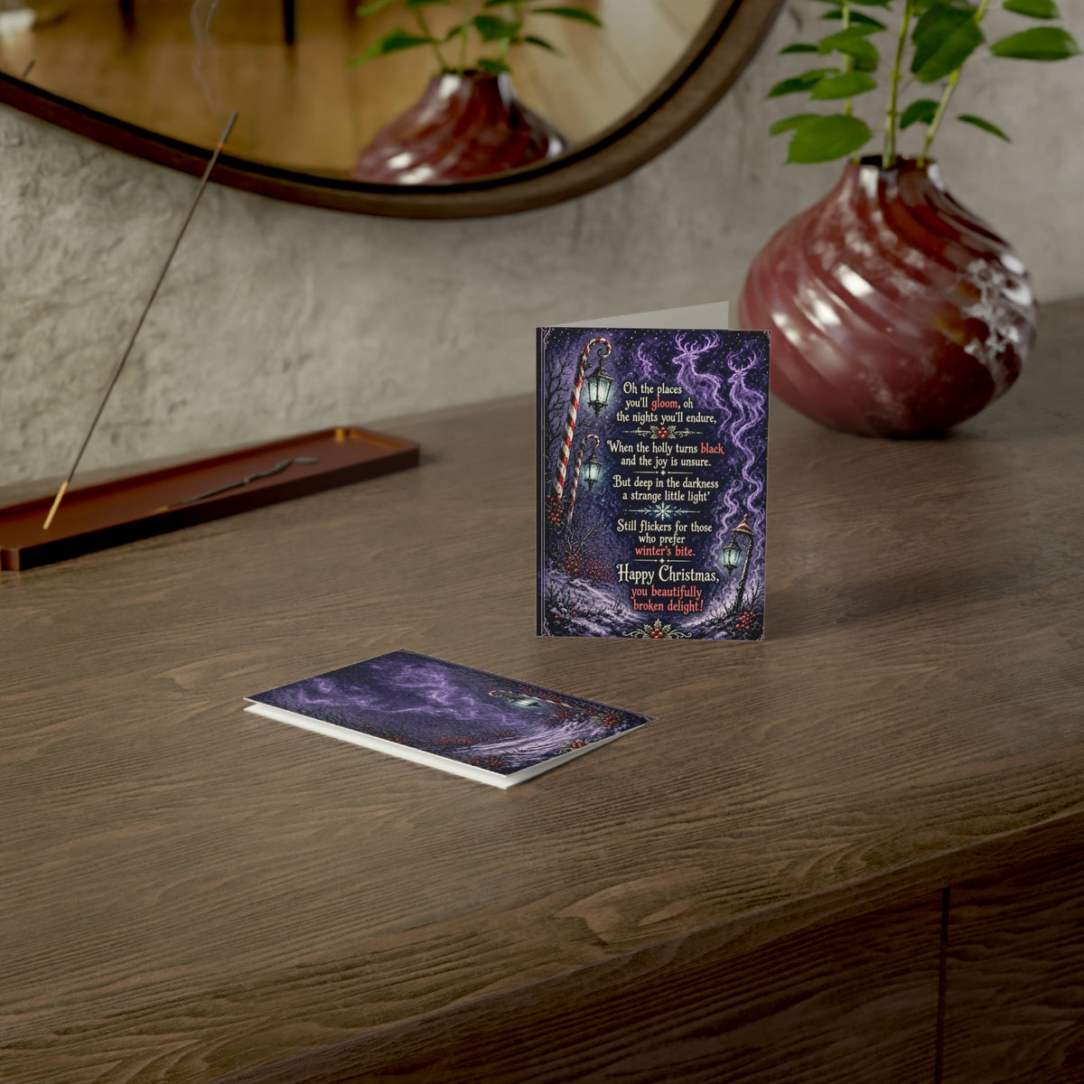 Gothic horror holiday greeting card, printed on premium matte paper cardstock. Available in various vertical stationery sizes including 5x7 and more. Perfect for alternative Christmas cards and seasonal gothic stationery.