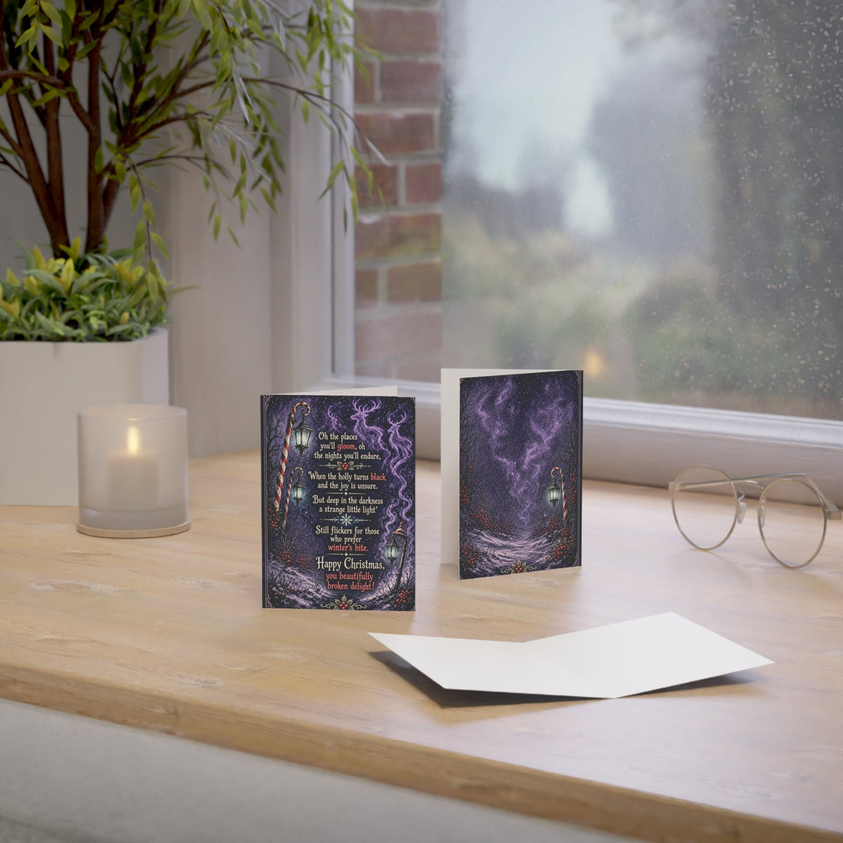 Gothic horror holiday greeting card, printed on premium matte paper cardstock. Available in various vertical stationery sizes including 5x7 and more. Perfect for alternative Christmas cards and seasonal gothic stationery.
