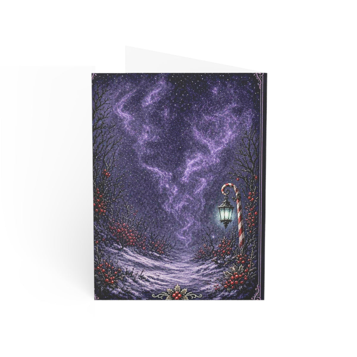 Gothic horror holiday greeting card, printed on premium matte paper cardstock. Available in various vertical stationery sizes including 5x7 and more. Perfect for alternative Christmas cards and seasonal gothic stationery.