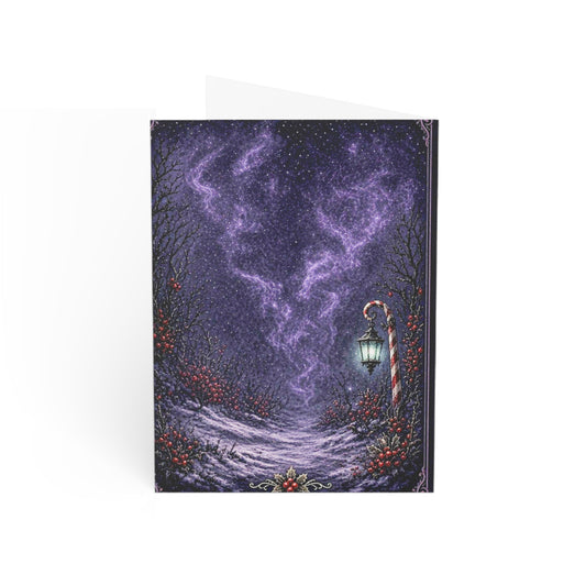 Gothic horror holiday greeting card, printed on premium matte paper cardstock. Available in various vertical stationery sizes including 5x7 and more. Perfect for alternative Christmas cards and seasonal gothic stationery.