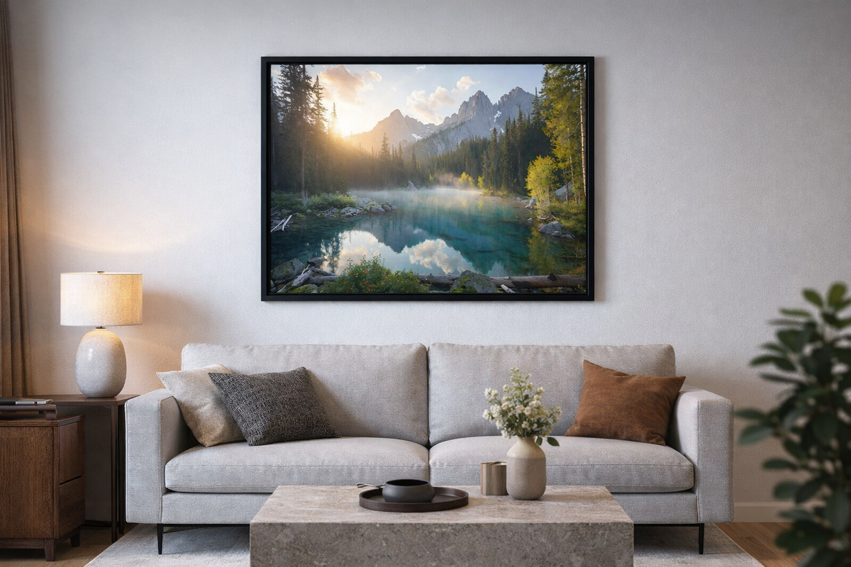 Digital productMountain Lake Sunrise Wall Art, Forest Reflection Nature Photography (Digital Download)