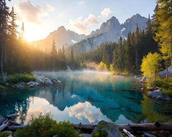 Digital productMountain Lake Sunrise Wall Art, Forest Reflection Nature Photography (Digital Download)